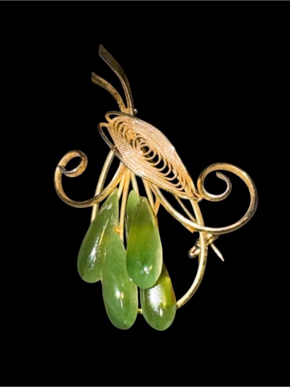 Vintage Cabochon Faux Jade Flower Brooch Gold Tone
